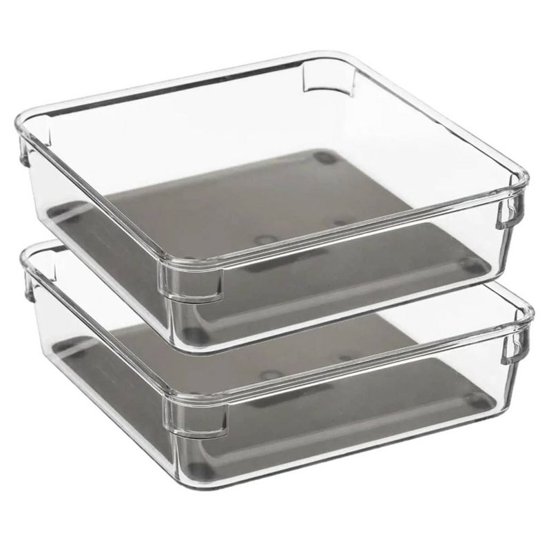 Foto van Set van 2x stuks bestekbakken/keuken organizers 1-vaks tidy smart grijs transparant kunststof 16 x 1 - bestekbakken