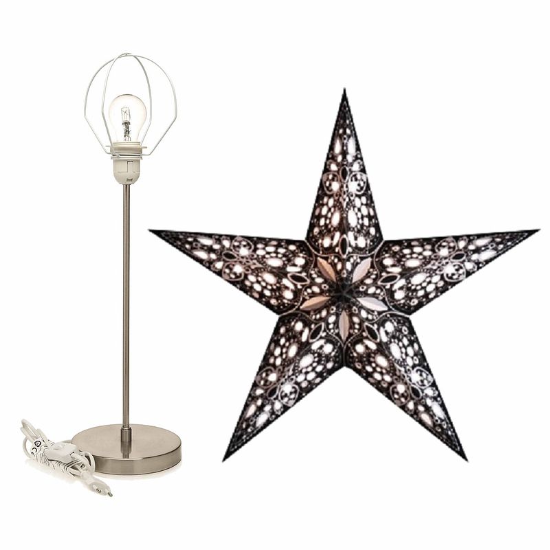 Foto van Decoratie kerstster zwart/wit 60 cm inclusief tafellamp/lamp standaard - kerststerren