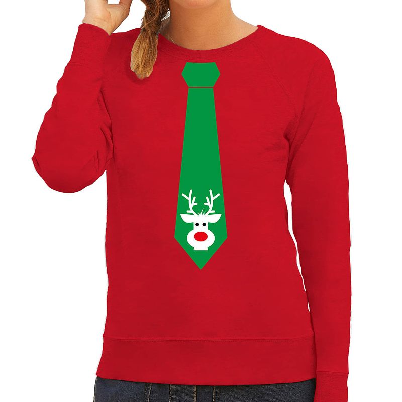 Foto van Stropdas kersttrui/kerst sweater rendier rood voor dames 2xl - kerst truien