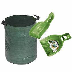 Foto van Groene tuinafvalzak opvouwbaar 120 liter met een setje bladharken/tuinafval grijpers - tuinafvalzak