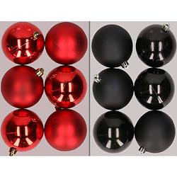 Foto van 12x stuks kunststof kerstballen mix van rood en zwart 8 cm - kerstbal