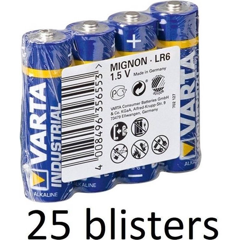 Foto van 100 stuks (25 blisters a 4 st) varta lr6 industrial wegwerpbatterij aa alkaline