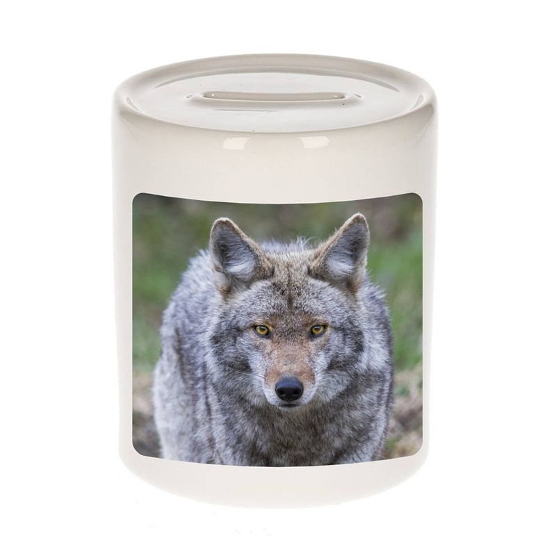 Foto van Dieren foto spaarpot wolf 9 cm - wolven spaarpotten jongens en meisjes - spaarpotten