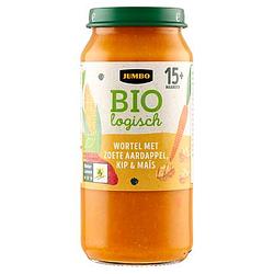 Foto van Jumbo biologisch wortel met zoete aardappel, kip & mais 15+ maanden 250g