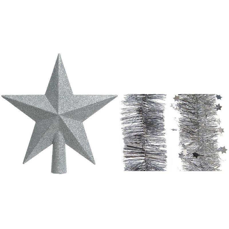 Foto van Kerstversiering kunststof glitter ster piek 19 cm en folieslingers pakket zilver van 3x stuks - kerstboompieken