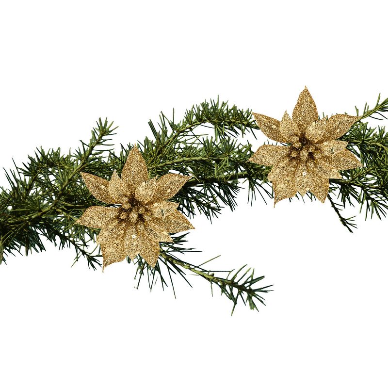 Foto van Kerstboomversiering bloem op clip - 2x- goud - 8 cm - glitters - kersthangers