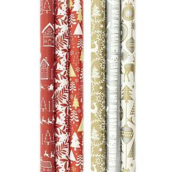 Foto van Assortiment rood en goud - zilverkleurig luxe kerstpapier inpakpapier cadeaupapier - 200 x 70 cm - 6 rollen