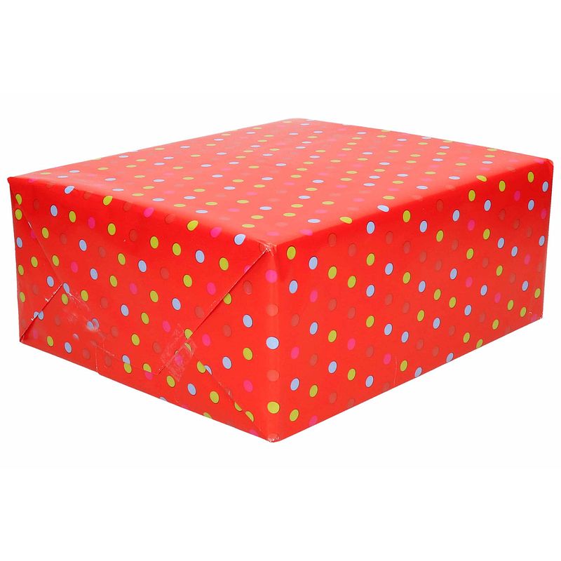 Foto van 1x inpakpapier/cadeaupapier rood met gekleurde stippen 200 x 70 cm - cadeaupapier