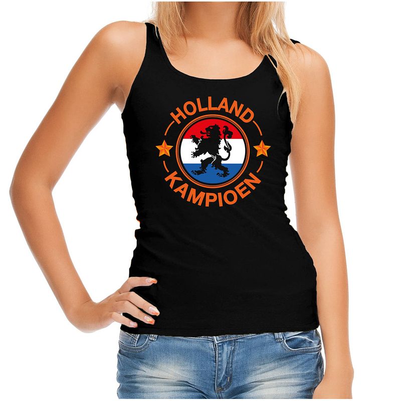 Foto van Zwart fan tanktop / kleding holland kampioen met leeuw ek/ wk voor dames s - feestshirts