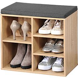 Foto van Bruine houtlook schoenenkast/schoenenrek bankje 29 x 48 x 51 cm met zitkussen - schoenenrekken