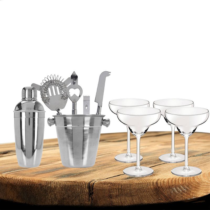 Foto van Excellent houseware cocktails maken set 6-delig met 4x margarita glazen - cocktailshakers