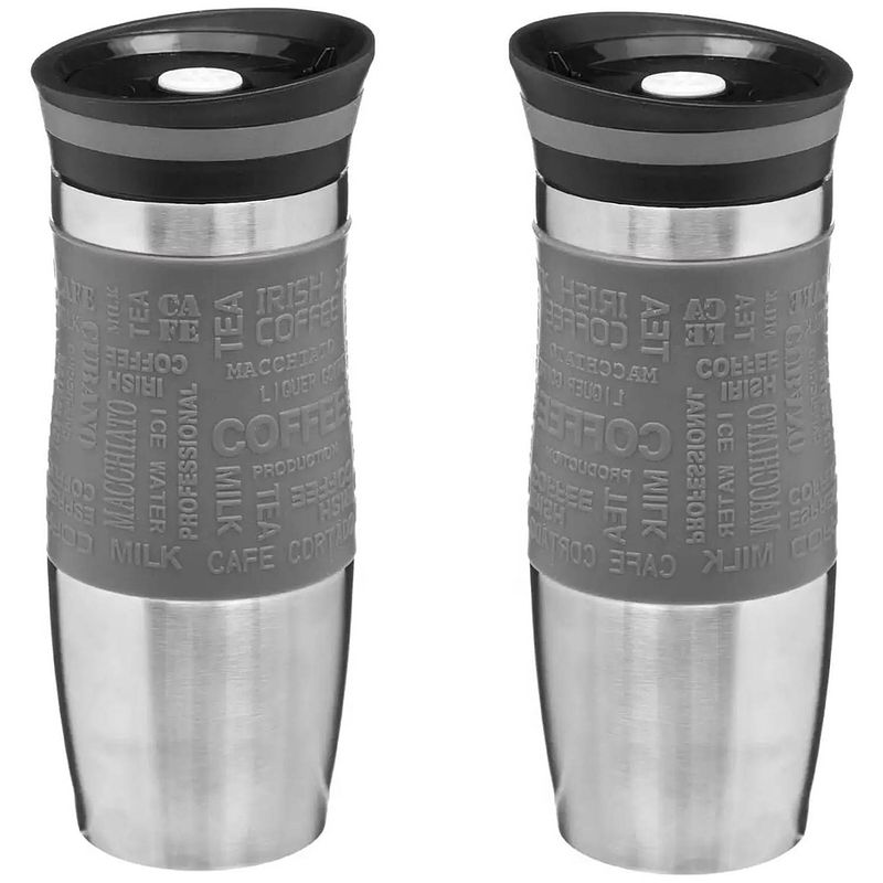 Foto van 2x stuks thermosbeker/isolatie/warmhoud - koffiebeker - grijs - 350 ml - thermosbeker