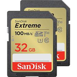 Foto van Sandisk extreme 32 gb sdhc geheugenkaart 100mb/s 60mb/s uhs-i u3 v30 (2-pack)
