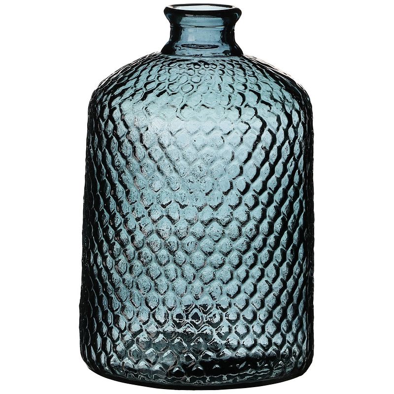 Foto van Natural living bloemenvaas scubs bottle - lichtblauw geschubt transparant - glas - d18 x h31 cm - vazen