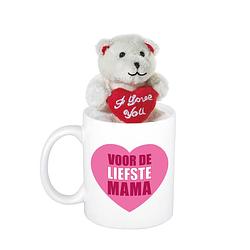 Foto van Moederdag cadeau hartje voor de liefste mama beker / mok 300 ml met beige knuffelbeertje met love ha - feest mokken