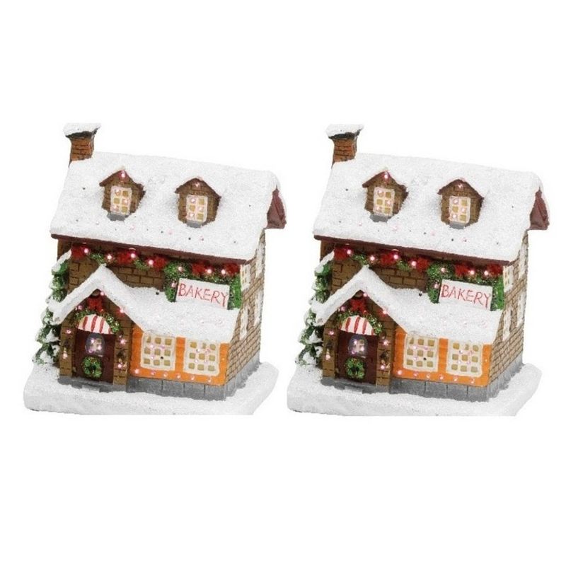 Foto van 2x stuks kerstdorp kersthuisjes bakkerijen met verlichting 9 x 11 x 12,5 cm - kerstdorpen