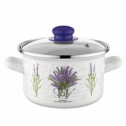 Foto van Emalia bukiet lavendel decoratie geëmailleerde kookpan 16 cm 2.1 liter wit / paars