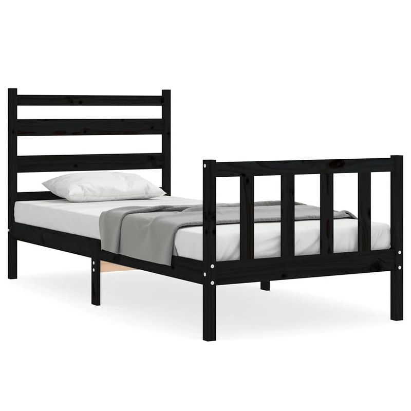 Foto van The living store massief grenenhouten bedframe - zwart 206 x 95.5 x 100 cm - multiplex lattenbodem