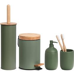 Foto van Badkamer accessoires set 4-delig - kunststeen - bamboe hout salie groen - badkameraccessoireset