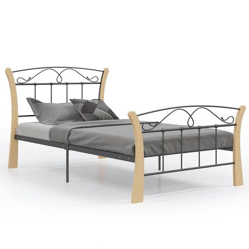 Foto van The living store bedframe - eenpersoonsbed - van gepoedercoat metaal en massief eikenhout - afmetingen- 206 x 100 x