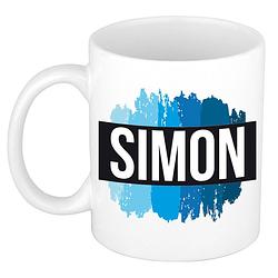 Foto van Naam cadeau mok / beker simon met blauwe verfstrepen 300 ml - naam mokken