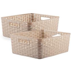 Foto van 2x stuks rotan gevlochten opbergmand/opbergbox kunststof - taupe - 28 x 36 x 13.5 cm - opbergbox