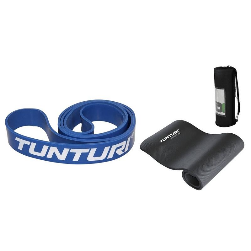 Foto van Tunturi - fitness set - weerstandsband blauw - heavy - fitnessmat 180 cm x 60 cm x 1,5 cm