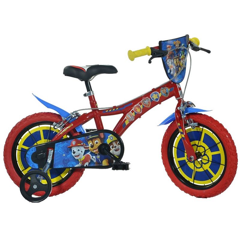 Foto van Dino jongensfiets paw patrol 14 inch 24 cm jongens knijprem rood