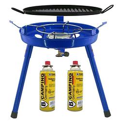 Foto van Camping gasgrill/grillplaat 3-in-1 - blauw - incl. 2x gas navulling 227 gram - kookbranders