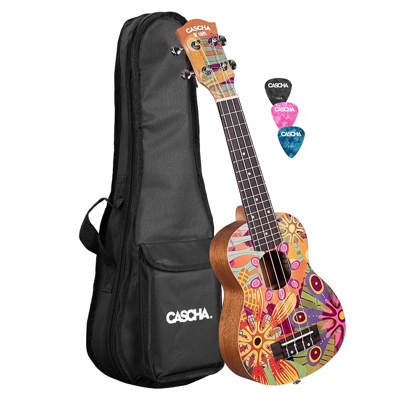 Foto van Cascha hh 2603 art series flowers sopraan ukelele massief spar bovenblad met gigbag