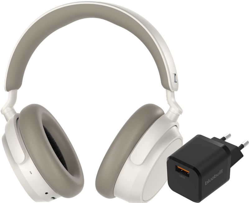 Foto van Sennheiser accentum plus wit + bluebuilt quick charge oplader met usb a poort 18w zwart