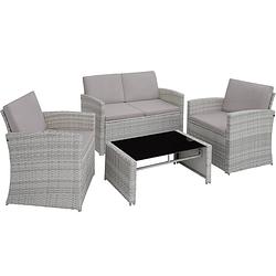 Foto van Tectake® - wicker zitgroep loungeset tuinset lucca - 1 bank 2 stoelen 1 tafel met glasplaat - lichtgrijs grijs - 405016