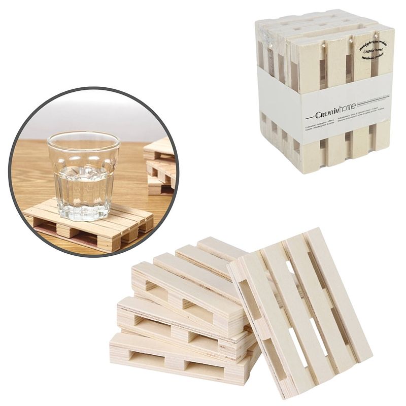 Foto van Onderzetters mini pallet hout 10 cm set van 8