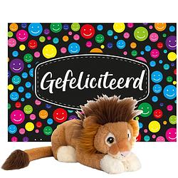 Foto van Keel toys - cadeaukaart gefeliciteerd met knuffeldier leeuw 25 cm - knuffeldier