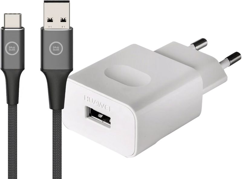 Foto van Huawei oplader quick charge 18w wit + bluebuilt usb c kabel 1,5m nylon zwart