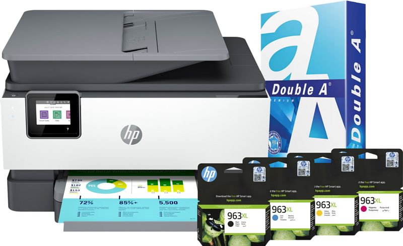 Foto van Hp officejet pro 9019e + 1 set extra inkt + 500 vellen a4 papier