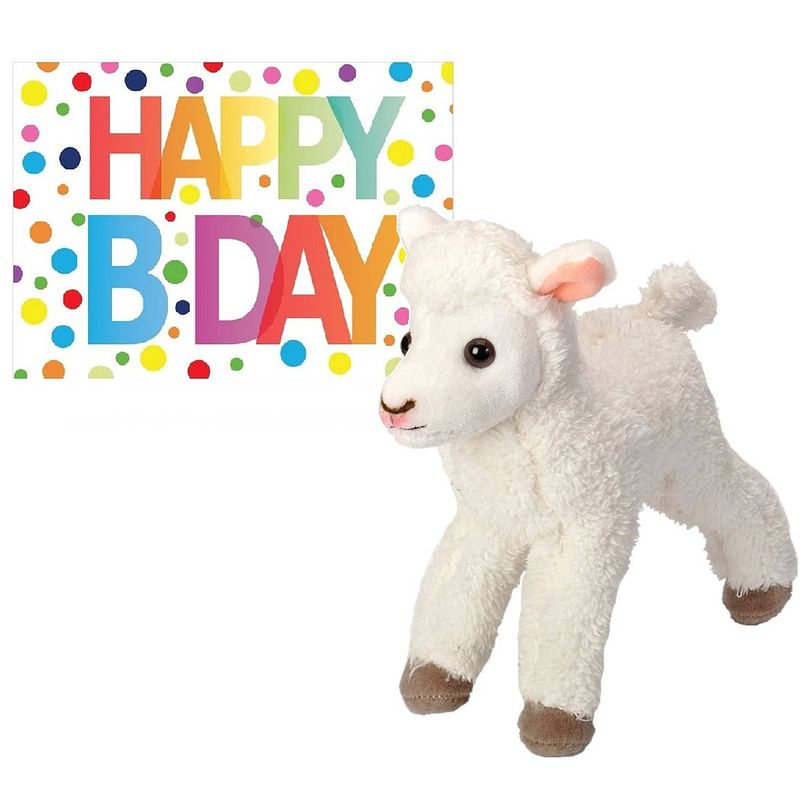 Foto van Pluche knuffel lammetje/schaap 20 cm met a5-size happy birthday wenskaart - knuffel boederijdieren