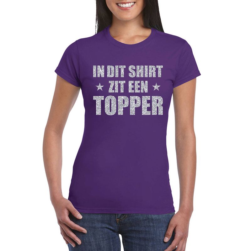 Foto van Toppers paars in dit shirt zit een topper zilveren glitter t-shirt voor dames l - feestshirts