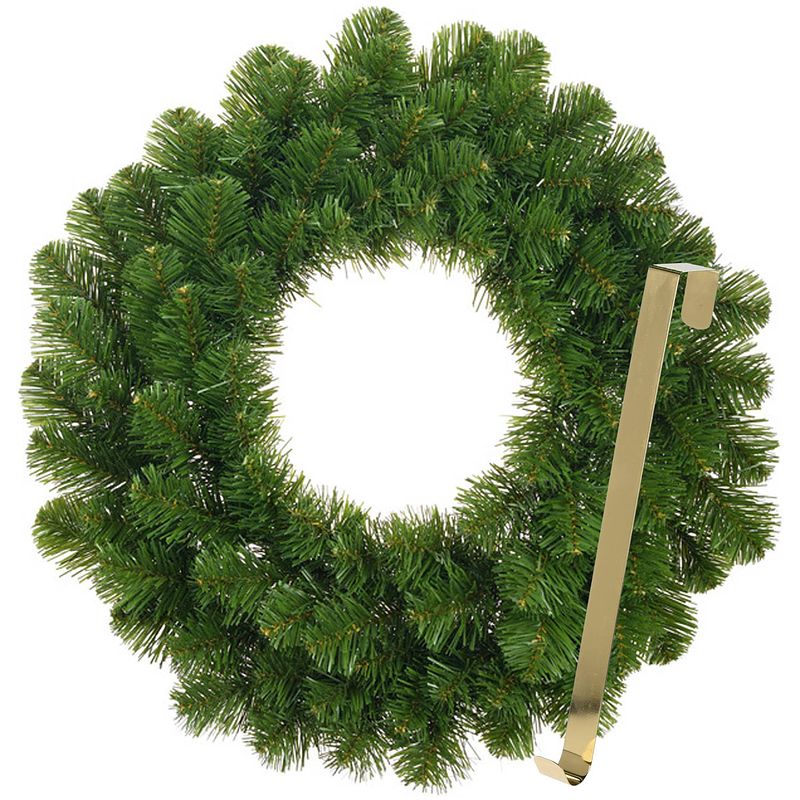 Foto van Kerstkrans 45 cm - groen - met gouden hanger/ophanghaak - kerstversiering - kerstkransen