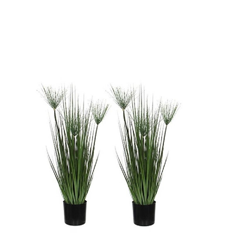 Foto van 2x groene papyrus kunstplanten 76 cm in zwarte pot - kunstplanten/nepplanten