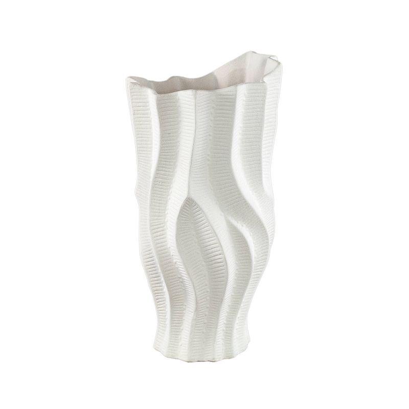 Foto van Ptmd merc white ceramic pot wavy ribbed high l