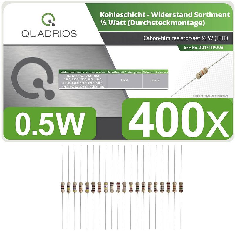 Foto van Quadrios 201711p003 koolfilmweerstand assortiment axiaal bedraad 0.5 w 5 % 400 stuk(s)