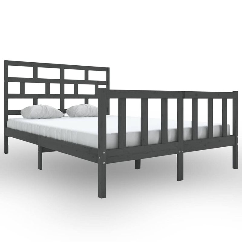 Foto van The living store houten bedframe - grijs - 205.5 x 165.5 x 69.5 cm - massief grenenhout