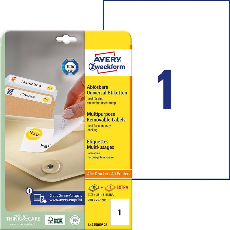 Foto van Avery-zweckform l4735rev-25 etiketten 210 x 297 mm papier wit 30 stuk(s) weer verwijderbaar universele etiketten inkt, laser, kopie 30 vel din a4