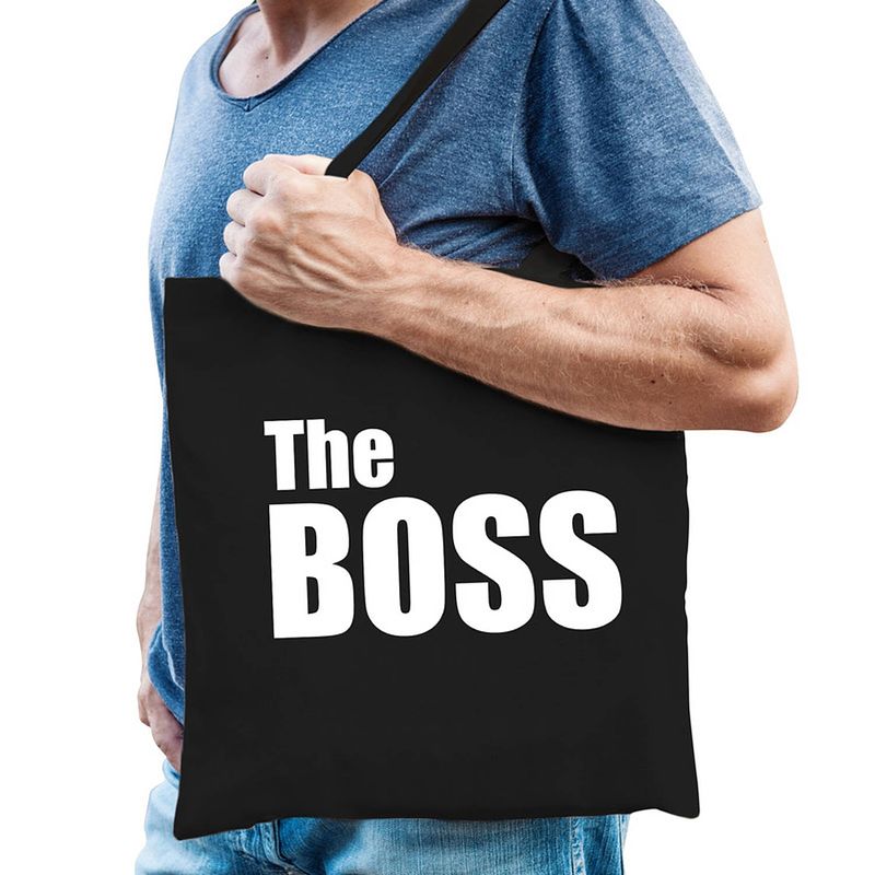 Foto van The boss tas / shopper zwart katoen met witte tekst voor heren - feest boodschappentassen