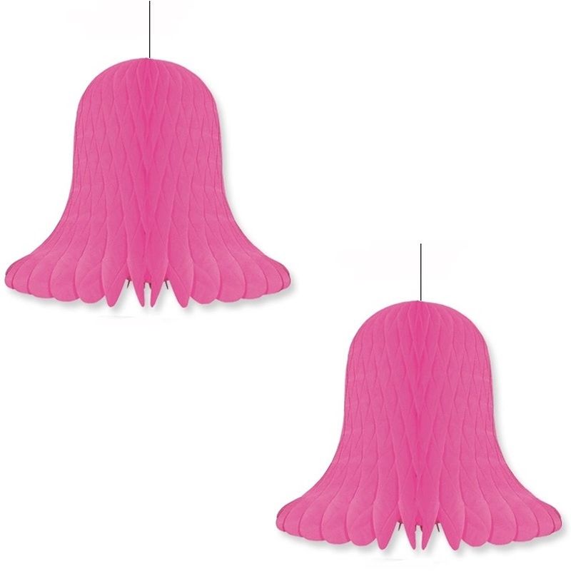 Foto van 2x kerst/feest decoratie klokken fuchsia 30 cm - hangdecoratie