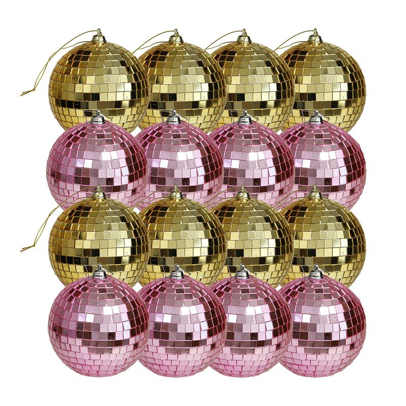 Foto van Kerstballen disco - 16x st - goud en roze - 6 cm - kunststof - kerstbal