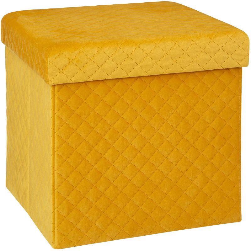 Foto van Atmosphera poef/hocker/voetenbankje - opbergbox - fluweel geel - po/mdf - 31 x 31 x 31 cm - poefs