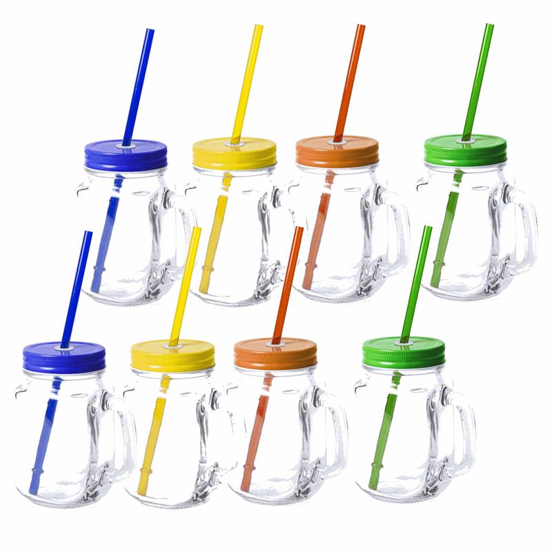 Foto van 8x stuks glazen mason jar drinkbekers met dop en rietje 500 ml - drinkbekers