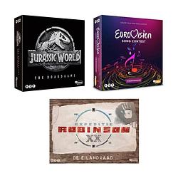 Foto van Spellenbundel - 3 stuks - jurassic world the boardgame & eurovisie songfestival spel & expeditie robinson de eilandraad